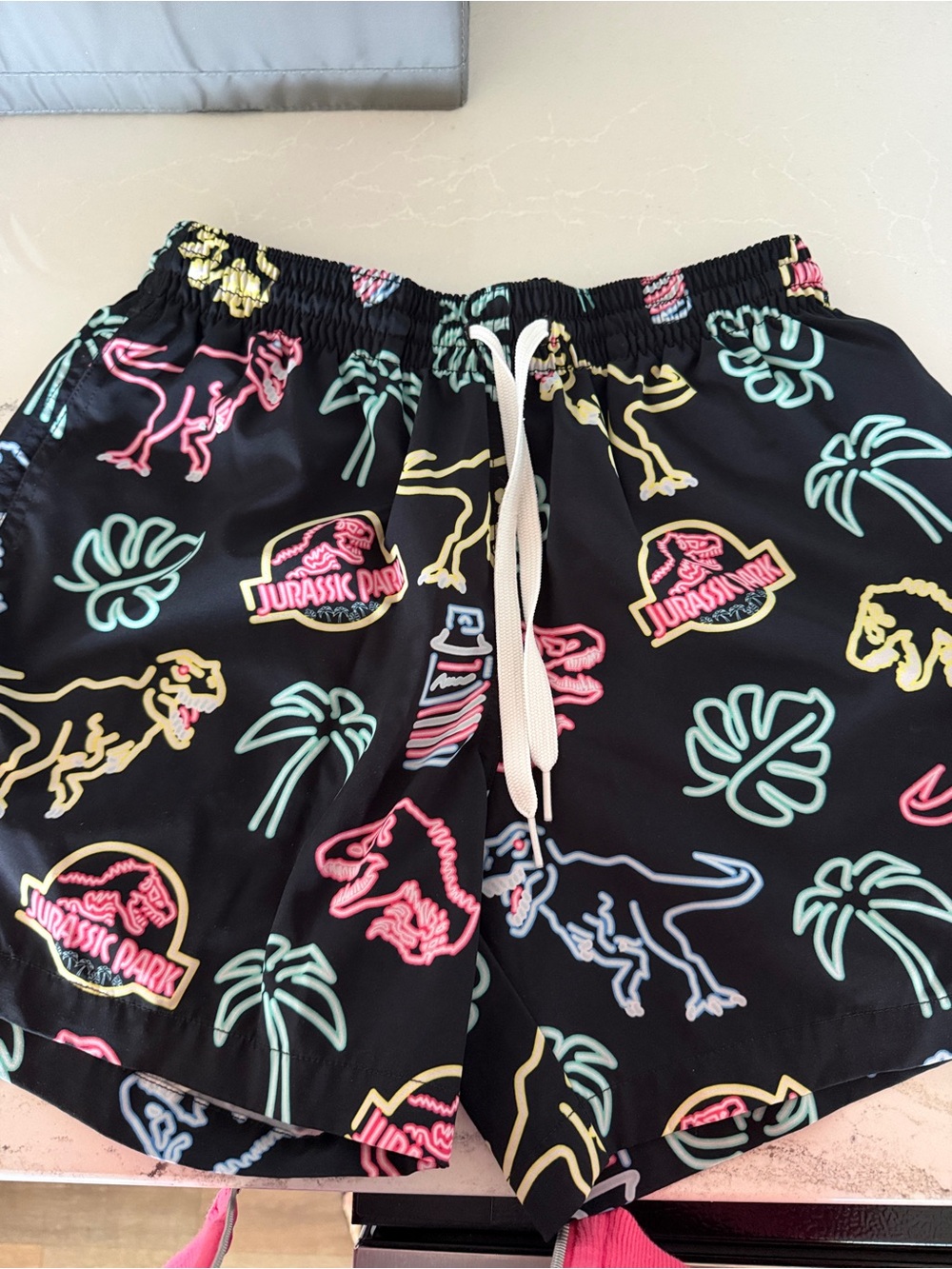 chubbies Black Swim Shorts with Neon Multicolor Jurassic Park Print